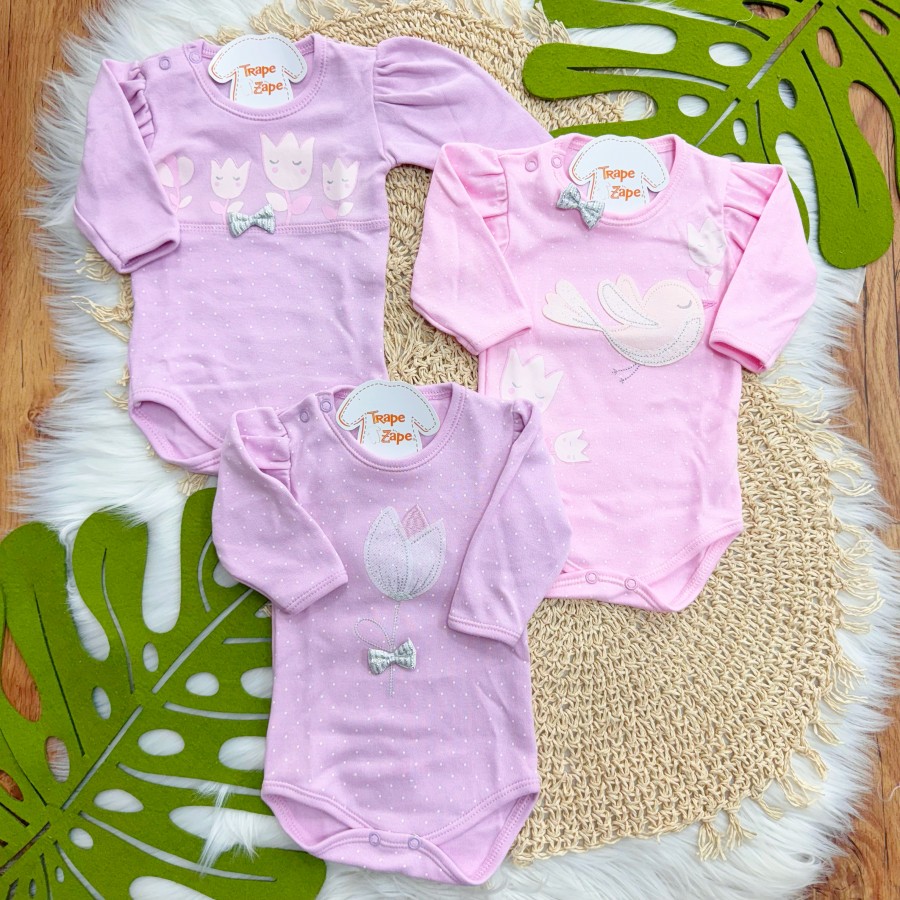 Kit 3 Peças - Bodys Manga Longa Passarinha com Flores - Rosa e Lilás